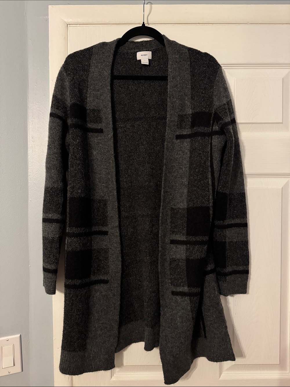 Charcoal and Black Plaid Open-Front Cardigan